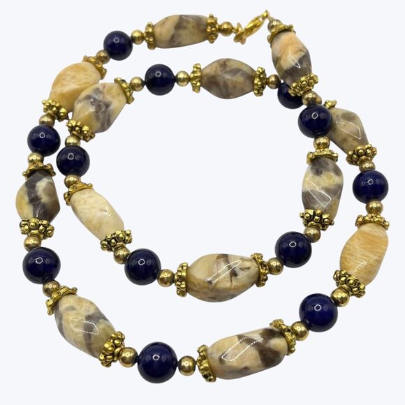 Handmade Beaded Necklace Beige Agate Stone Gold Tone Blue Beads Artisan Jewelry - Picture 4 of 8